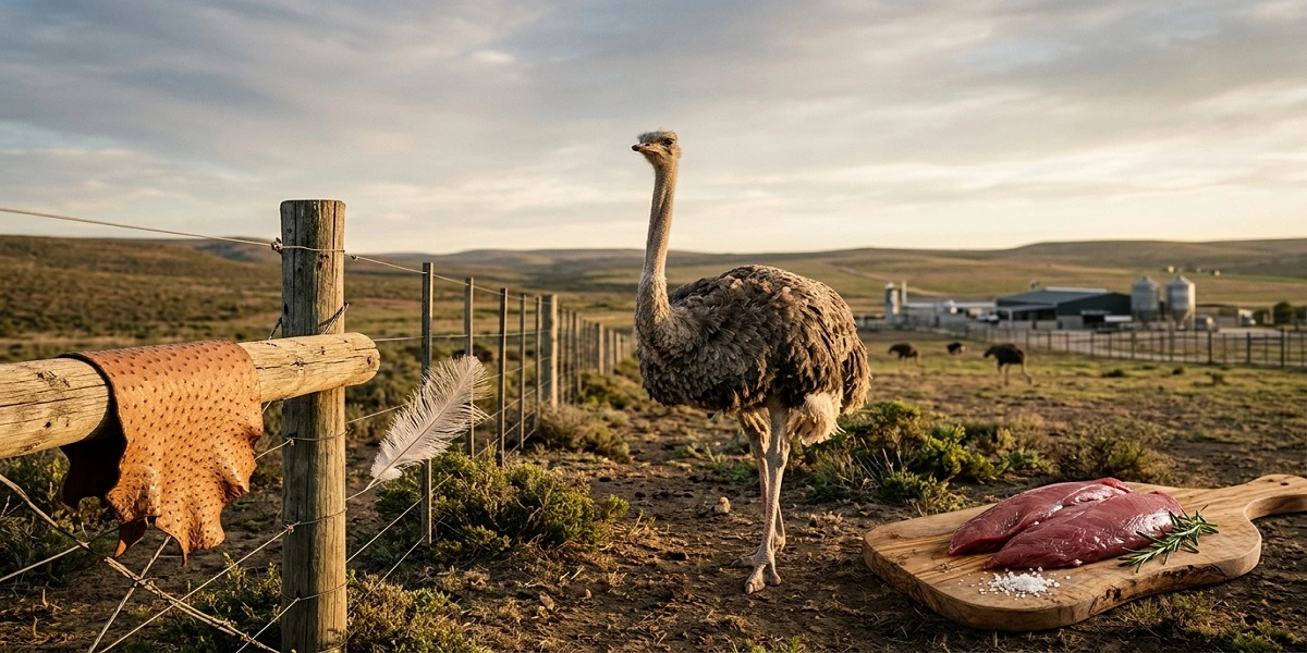 A majestic adult ostrich on a South African farm with subtle representations of ostrich meat, genuine quill leather, and natural feathers in a cinematic landscape.