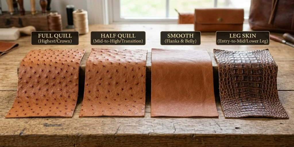 "Four common types of ostrich leather placed side by side on a leathercraft workbench: Full Quill, Half Quill, Smooth Ostrich, and Leg Skin."