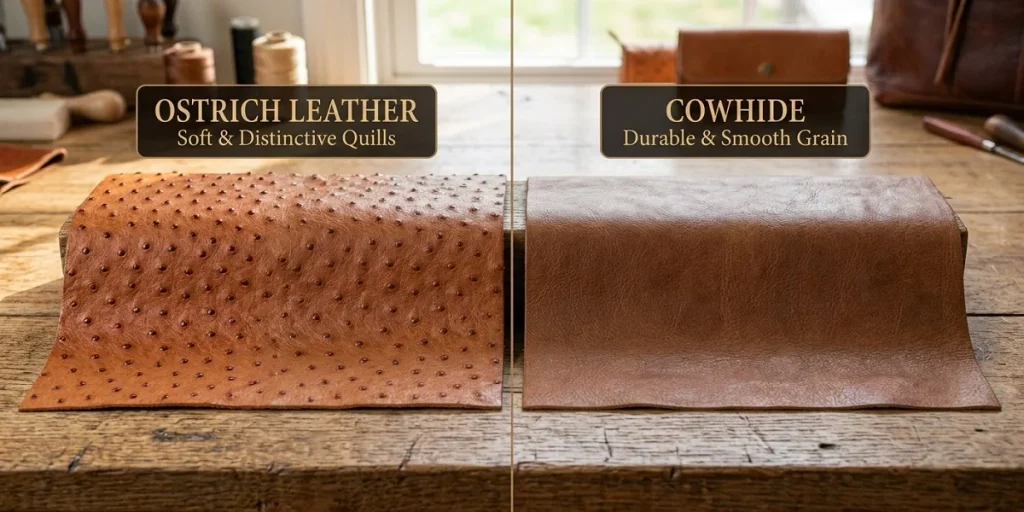 "A side-by-side visual comparison of textured ostrich leather with prominent quills (left) and smooth, durable cowhide leather (right) on a leatherworker's wooden bench, highlighting the distinct differences between the two hide types."