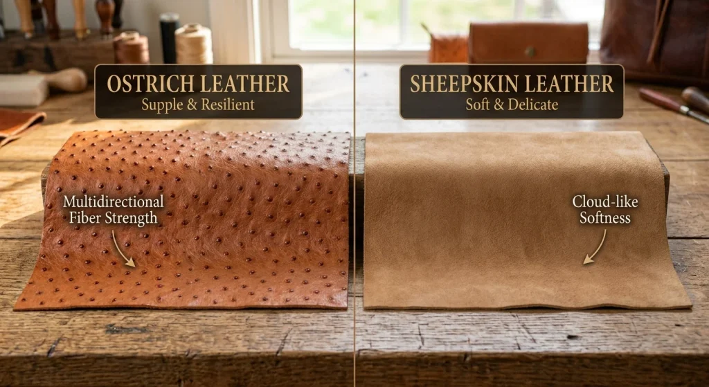 "A detailed, side-by-side texture comparison of genuine ostrich leather and sheepskin leather. On the left, ostrich leather displays its distinctive, durable quill follicle pattern. On the right, sheepskin leather shows its ultra-smooth, fine grain, and velvety 'cloud-like' softness. Both are presented on a rustic, leatherworker's wooden bench."