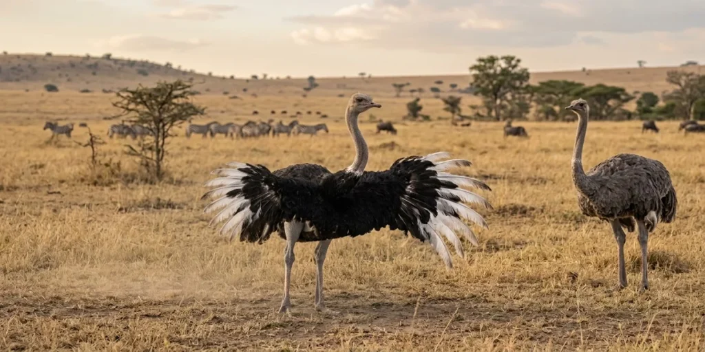 A male ostrich performing a realistic ostrich mating dance, display in front of a female ostrich on the African savanna.