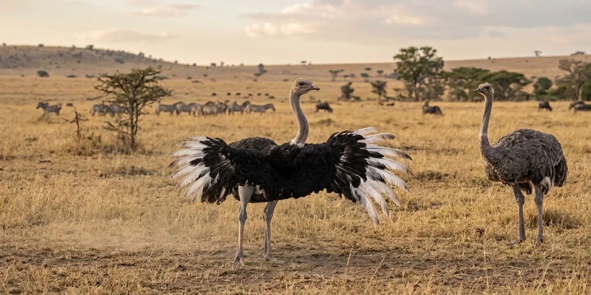 A male ostrich performing a realistic ostrich mating dance, display in front of a female ostrich on the African savanna.