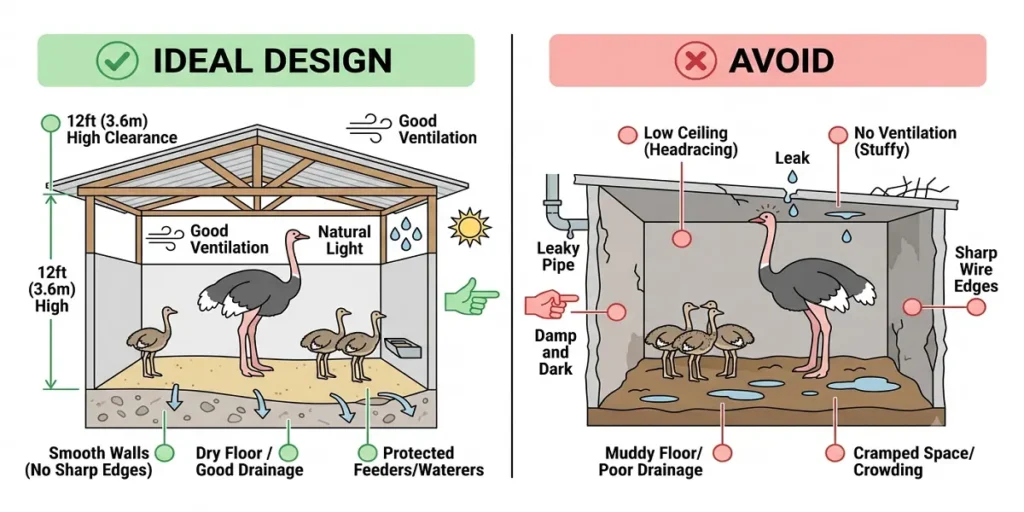A side-by-side comparison infographic showing ideal vs poor ostrich shelter design. The left side highlights an ideal 12-foot high 3-sided shelter with dry drainage, good ventilation, and smooth walls. The right side shows a cramped, low-ceiling, muddy shelter with poor ventilation labeled as avoid.