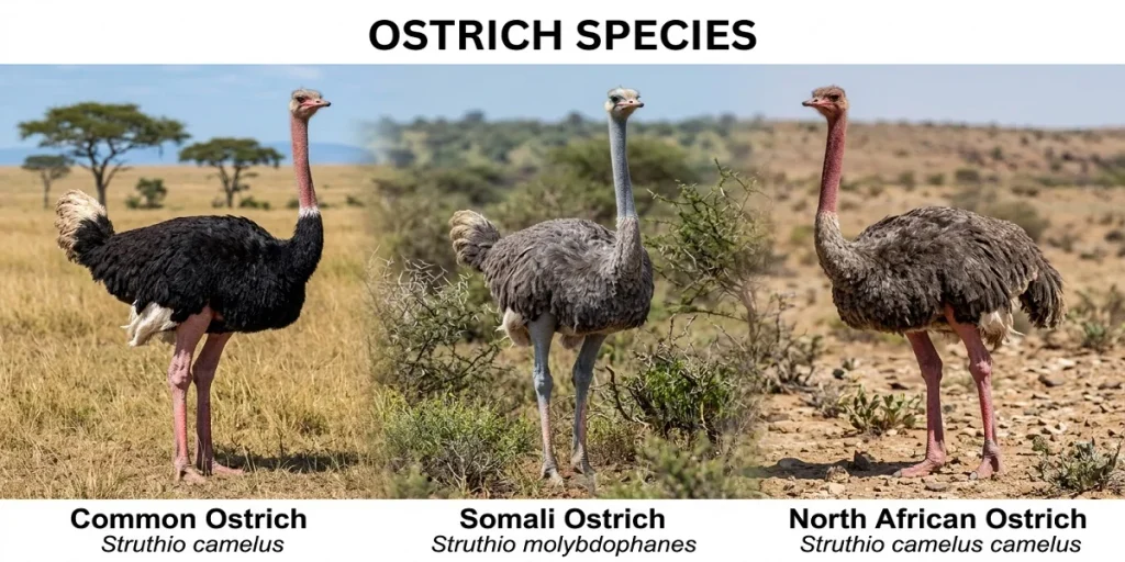 Side-by-side photographic comparison of three ostrich species and subspecies: the Common Ostrich (Struthio camelus), Somali Ostrich (Struthio molybdophanes) with distinct bluish neck, and North African Ostrich (Struthio camelus camelus) in their natural habitats.