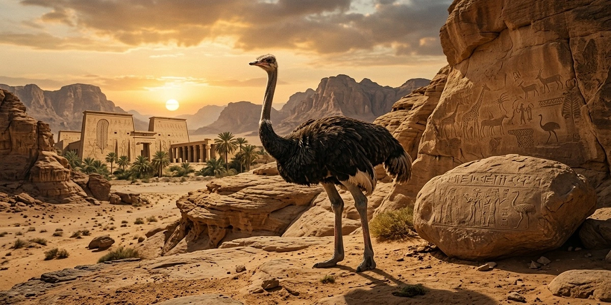 A majestic ostrich in an ancient desert featuring Egyptian temple carvings and African rock art, depicting the rich history of ostrich symbolism across early civilizations.