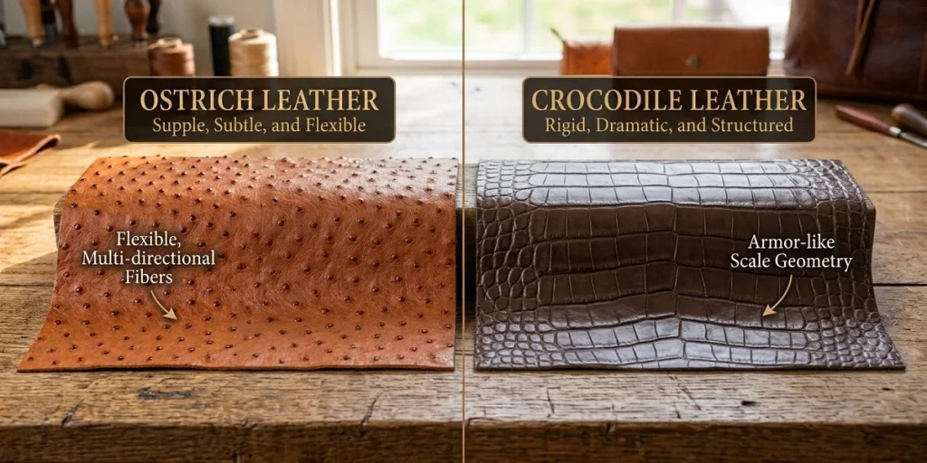 "A side-by-side texture comparison of two exotic leathers on a wooden workshop bench: soft, flexible ostrich leather with its raised quill pattern on the left, and rigid, structured crocodile leather with bold scale geometry on the right."