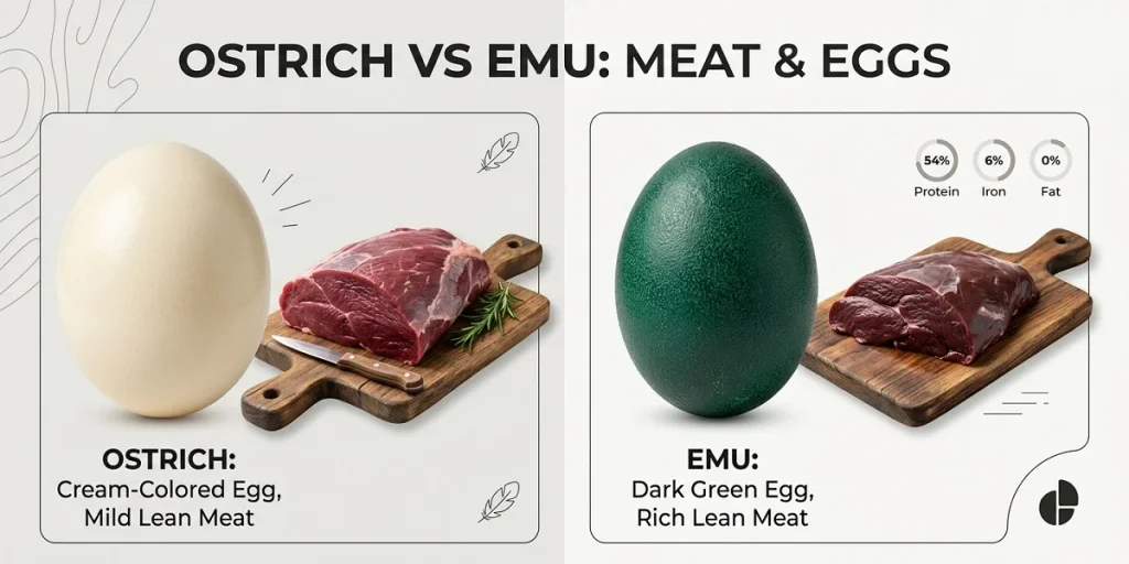 Infographic comparing Ostrich and Emu eggs and meat cuts. The left side shows a large cream-colored ostrich egg next to a raw lean ostrich steak on a wooden cutting board, labeled 'OSTRICH: Cream-Colored Egg, Mild Lean Meat'. The right side shows a dark emerald-green emu egg next to a raw emu meat cut, labeled 'EMU: Dark Green Egg, Rich Lean Meat'.