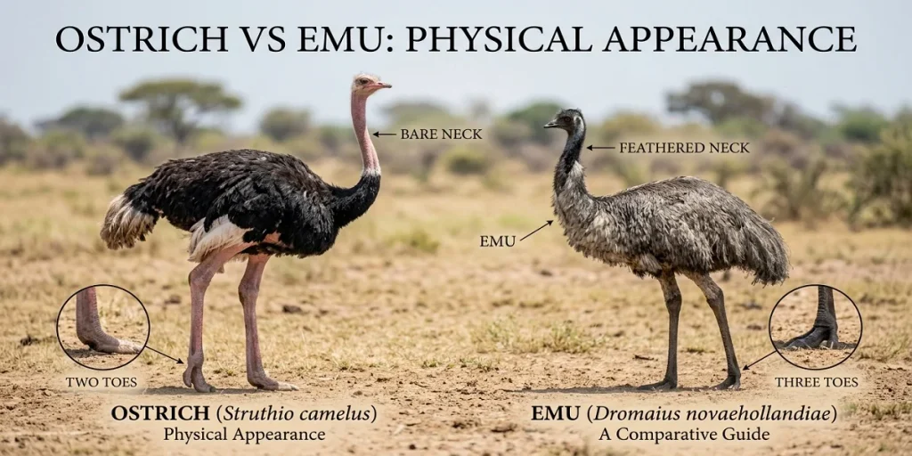 An infographic comparing the physical appearance of an ostrich and an emu side by side, highlighting two toes on the ostrich and three toes on the emu along with neck feather differences.