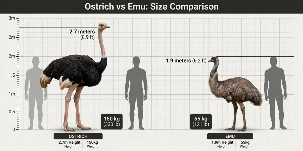 A size comparison chart showing an ostrich standing at 2.7 meters and weighing 150 kg next to an emu standing at 1.9 meters and weighing 55 kg against human height silhouettes. (Ostrich vs Emu Size)