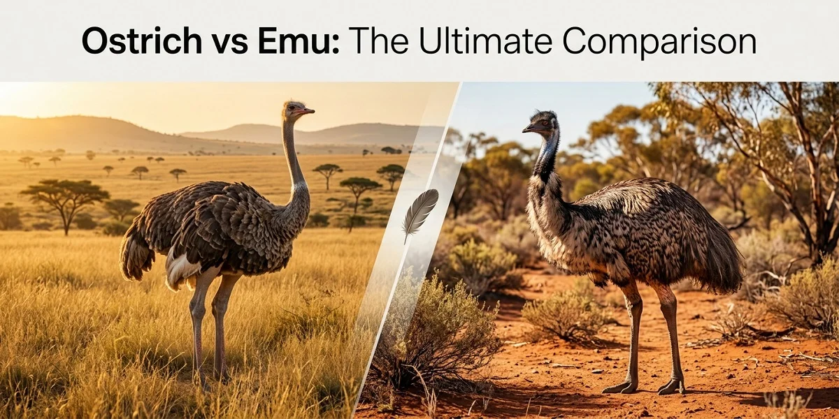 Hero banner titled 'Ostrich vs Emu: The Ultimate Comparison'. Split-screen image featuring a majestic ostrich in the golden African savanna on the left, and a striking emu in the Australian bushlands on the right, divided by an elegant diagonal line.