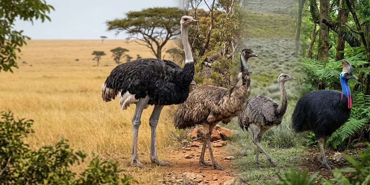 ostrich vs emu vs rhea vs cassowary together