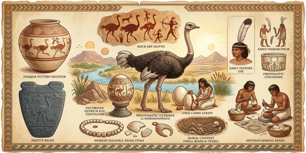 An educational archaeological infographic illustrating ostriches in Predynastic Egyptian art, featuring decorated eggshell containers, Naqada ceramic vessels, slate palettes, rock art, and artisans crafting eggshell beads.