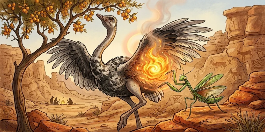 A vibrant illustration of a San myth set in a desert landscape with ancient rock art. A large ostrich stretches up to a fruit tree, lifting its wings to reveal a hidden, glowing ball of fire. A green praying mantis trickster watches from a nearby rock, ready to steal the flames.