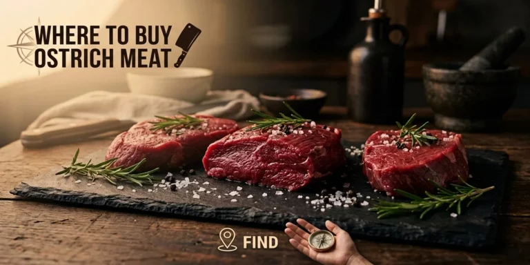Raw premium ostrich meat steaks garnished with fresh rosemary and sea salt, featured under the text 'Where to Buy Ostrich Meat'