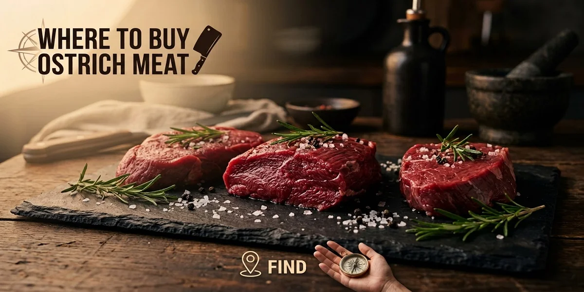 Raw premium ostrich meat steaks garnished with fresh rosemary and sea salt, featured under the text 'Where to Buy Ostrich Meat'