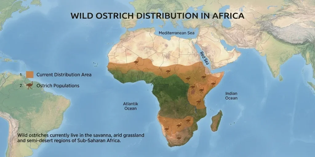 Realistic satellite map showing the geographic distribution of wild ostriches in Sub-Saharan Africa, featuring highlighted habitat zones across the Sahel, East Africa, and Southern Africa with small ostrich icons.