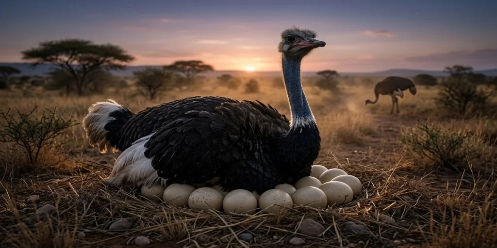 Male ostrich incubating eggs in a nest during the nighttime shift.
