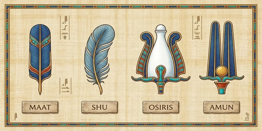 Four ancient Egyptian divine symbols featuring ostrich feathers arranged side by side on papyrus: the single feather of Maat, the light feather of Shu, the Atef crown of Osiris, and the double-plumed Shuti crown of Amun.