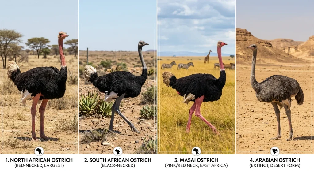 Side-by-side comparison of four Common Ostrich subspecies showing North African, South African, Masai, and extinct Arabian ostriches in their natural habitats