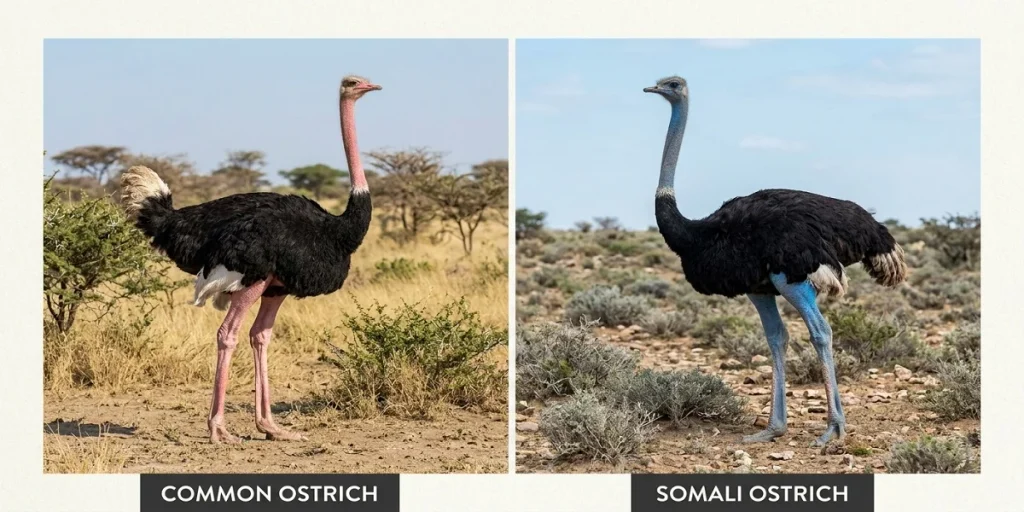 Side-by-side comparison of a male Common Ostrich with pinkish skin and a male Somali Ostrich with blue-gray skin