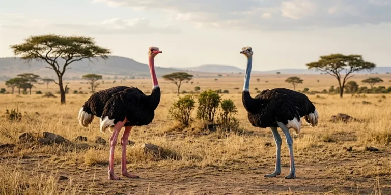 Ultra-realistic side-by-side shot of a male Common Ostrich with pinkish skin on the left and a male Somali Ostrich with blue-gray skin on the right in an East African savanna