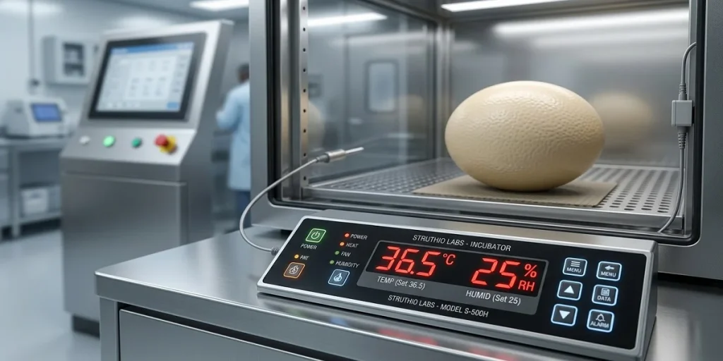Digital thermometer showing ideal ostrich egg incubation temperature at 36.5 degrees Celsius and Humidity