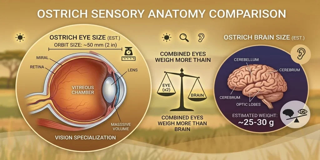 A visual infographic with clean English text comparing the weight and volume of two ostrich eyes against its single brain, demonstrating that both eyes combined weigh significantly more, with explicit "Guinness World Record" and "Vision Specialization" labels.