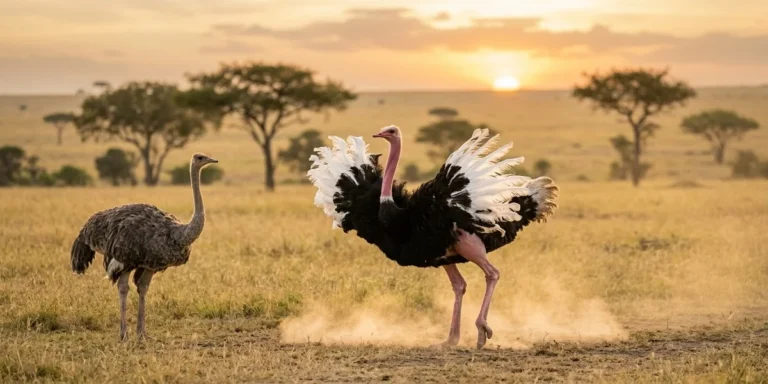 Male ostrich is performing courtship dance during the breeding season