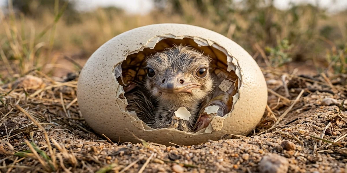 Ostrich egg hatching and 42-day incubation time process.