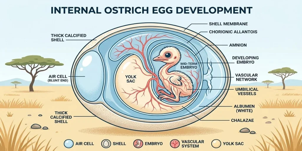 Educational diagram showing internal ostrich egg structure, air cell, and embryo development during incubation.