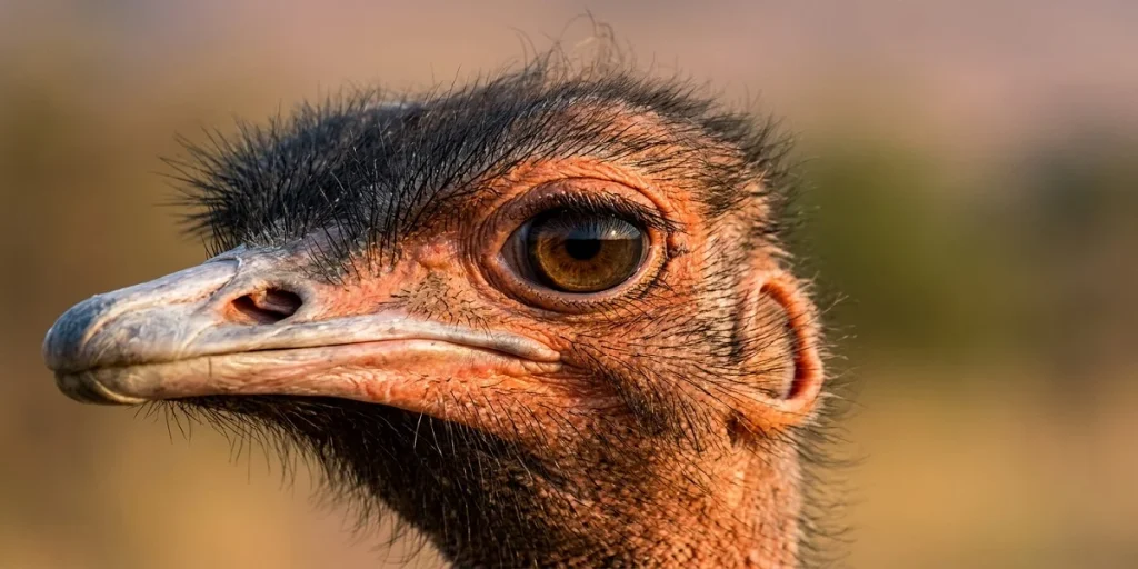 Detailed close-up profile of an ostrich head showing its large eye and visible ear canal for vision and hearing capabilities.