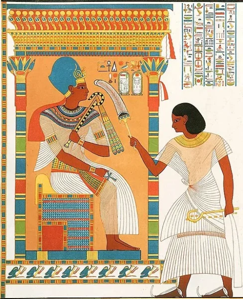 Ancient Egyptian fan-bearer official carrying a single ostrich feather fan beside the king