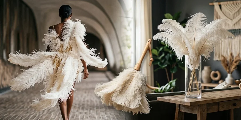 A composite display showing primary ostrich feather uses, including a luxury fashion gown with full plumes, a decorative centerpiece vase, and a practical d