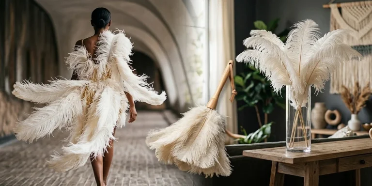 A composite display showing primary ostrich feather uses, including a luxury fashion gown with full plumes, a decorative centerpiece vase, and a practical d