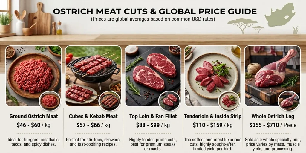 Infographic showing 5 ostrich meat cuts; Ground Ostrich, Cubes & Kebab, Top Loin & Fan Fillet, Tenderloin & Inside Strip, and Whole Ostrich Leg—with USD p