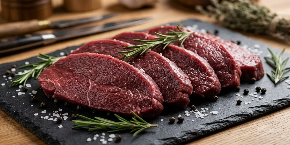 Premium raw ostrich tenderloin steaks for price guide, arranged on a dark slate with rosemary and spices. Example of luxury ostrich meat price.