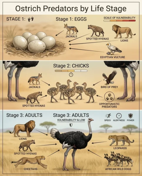 Ostrich predators by life stage, including threats to eggs, chicks, and adult ostriches