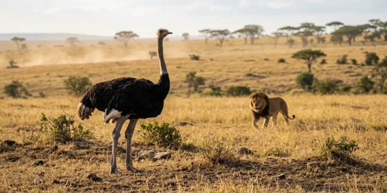 Ostrich predators: an adult ostrich facing a lion in the African savanna