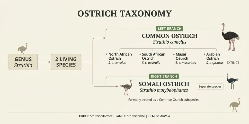 Ostrich species taxonomy showing the Common Ostrich and Somali Ostrich and their classification