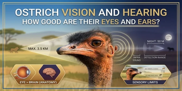 A comprehensive featured image for an article titled "Ostrich Vision and Hearing: How Good Are Their Eyes and Ears?", showcasing a central ostrich profile flanked by glowing scientific diagrams of the massive eye and small brain anatomical comparison, and daylight vs. night sensory range charts with metric labels.