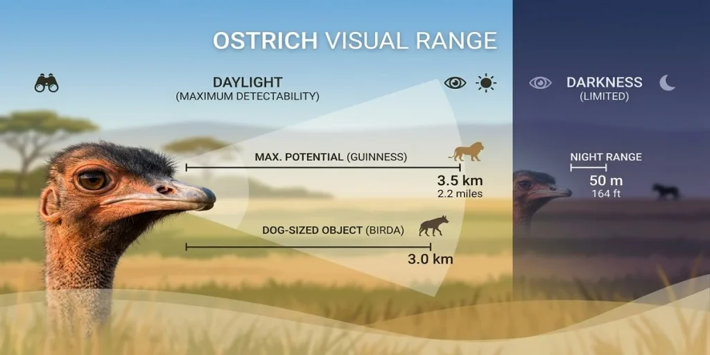 A minimalist infographic comparing an ostrich's visual detection ranges in daylight (up to 3.5 km) versus darkness (50 m), showing key distances and contextual icons like a lion, a dog, and the moon.