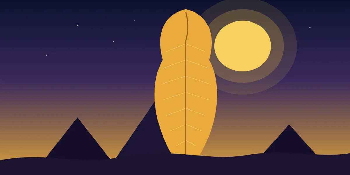 Golden ostrich feather over ancient Egyptian desert sunset with pyramids