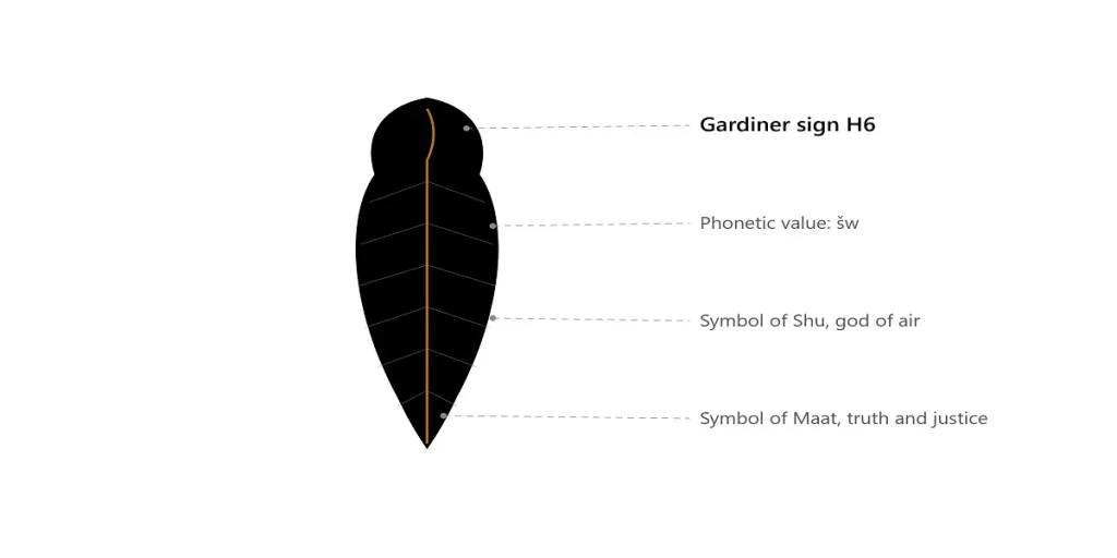 Diagram of the ostrich feather hieroglyph, Gardiner sign H6, showing its phonetic and symbolic meaning