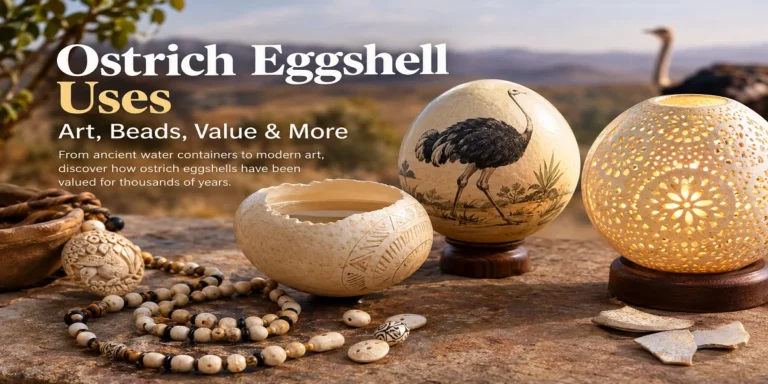 Ostrich eggshell uses including carved ornaments, decorative beads, painted eggs, and a pierced eggshell lamp