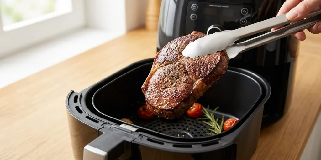 Sliced air fried ostrich steak in an air fryer basket garnished with fresh parsley