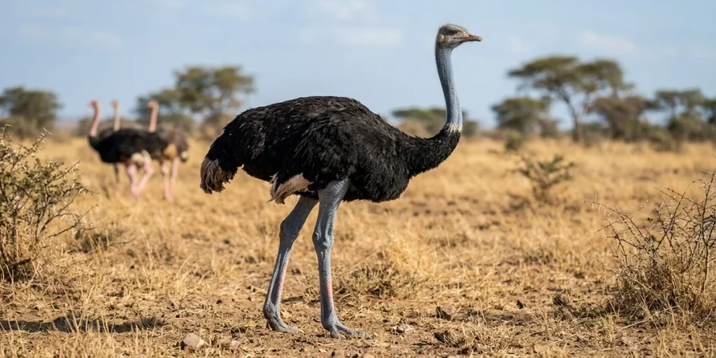 A male Somali Ostrich with distinct blue skin on its neck and legs in the African savanna.