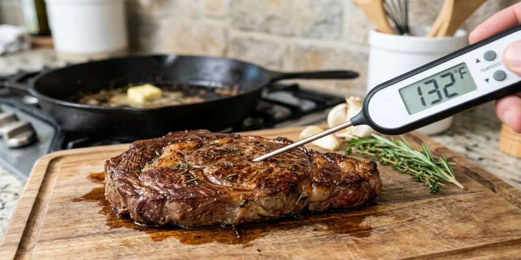 A chef inserting a digital thermometer into a pan seared ostrich steak to check the internal temperature
