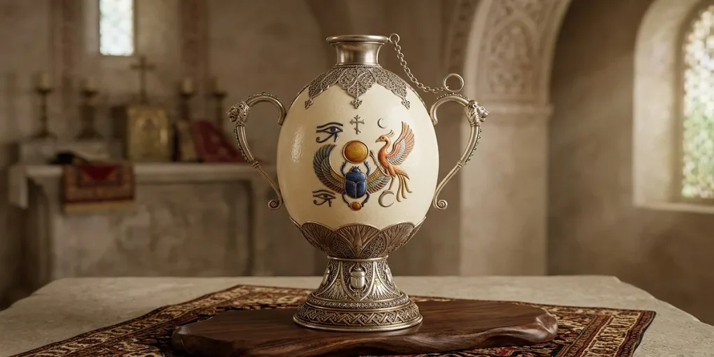 "Detailed carving on an ostrich eggshell vessel, featuring winged scarab and phoenix symbols in Ancient Egyptian style, mounted on an ornate silver-plated stand with handles."