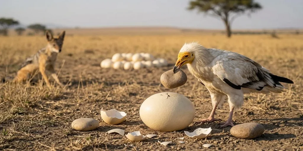 An adult Egyptian Vulture with white plumage, yellow face, and black wingtips is standing beside a large ostrich egg on the dry savanna ground. The vulture holds a smooth river stone in its beak, positioned precisely above the egg, ready to drop it to crack the shell. Small fractures are visible on the egg where previous stones have made impact. Scattered eggshell pieces and selected smooth stones lie around. In the background, a jackal observes the scene from low in the dry grass under warm golden light.