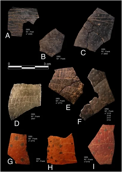 Engraved ostrich egg shell fragments from Diepkloof Rock Shelter in South Africa, about 60,000 years old